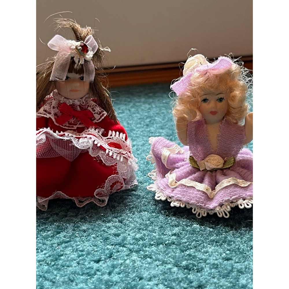 Vtg Mini Porcelain Dolls Red Velvet Purple Dress Satin Ribbon Legs 4" Lot As Is